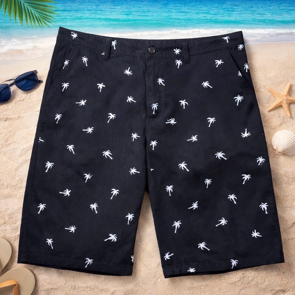 Galaxy By Harvic Men's Black White Palm Tress 100% Cotton Bermuda Shorts Size 40